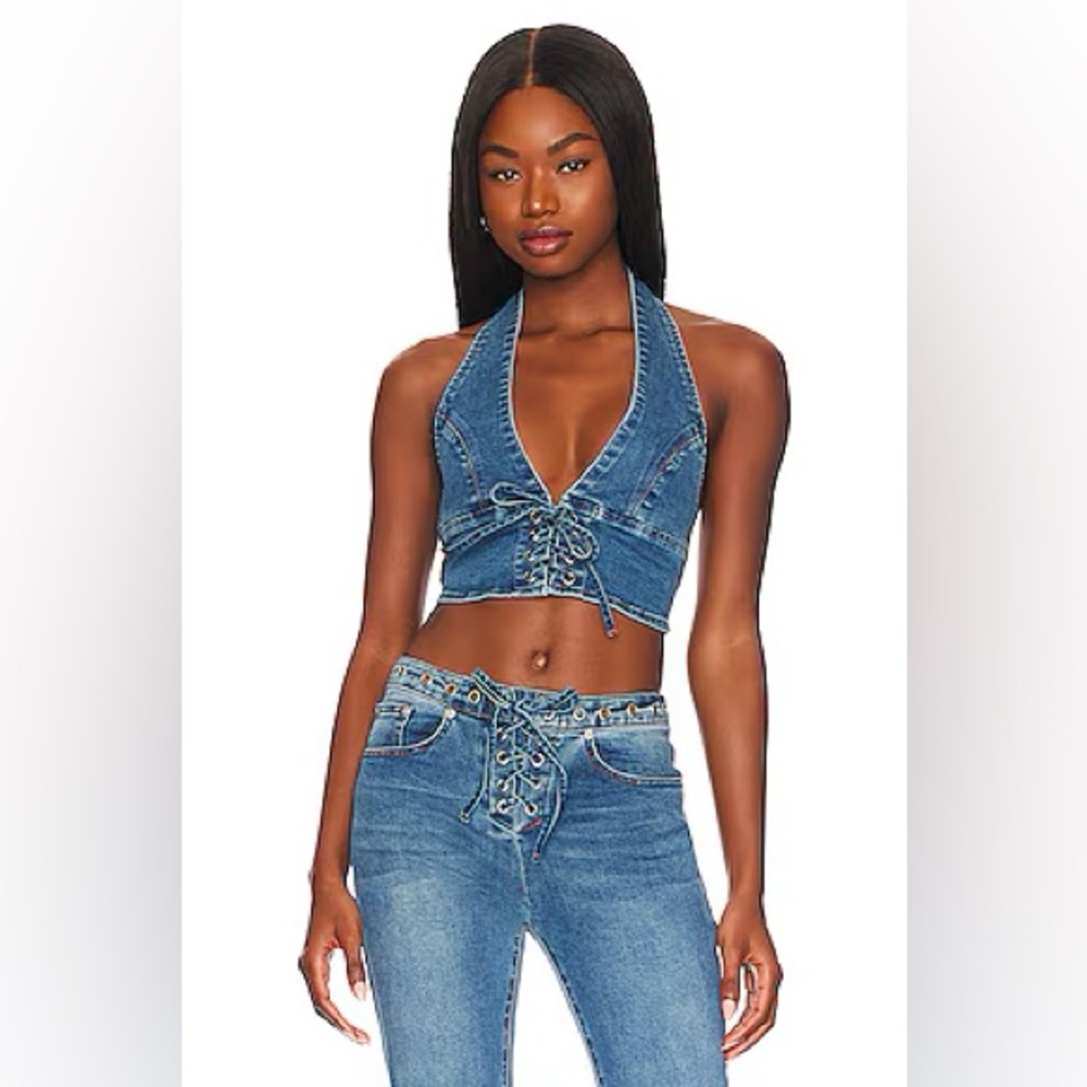 BRITNEY LACE UP DENIM HALTOR TOP AND MATCHING BRITNEY LACE UP BOTTOMS